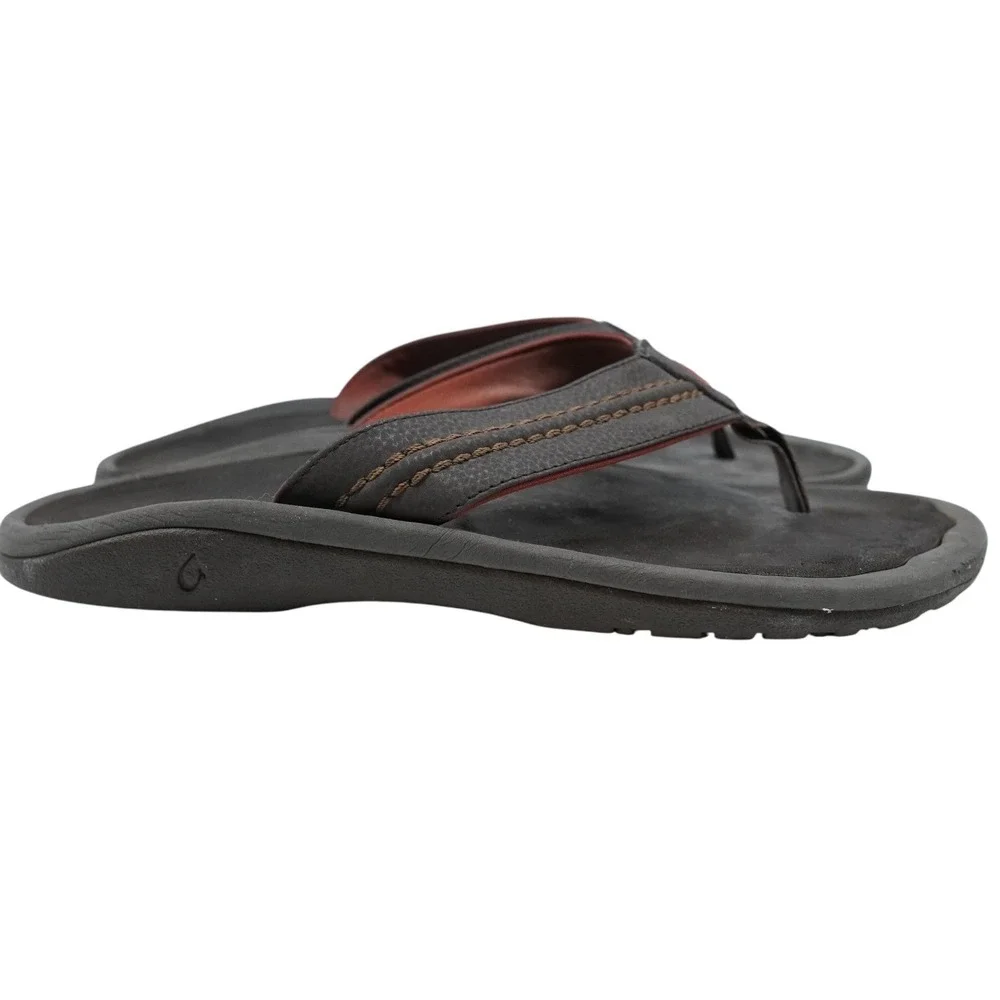 OluKai Ohana Flip Flops Mens 12 Dark Java Brown Beach Comfort Logo Sandals